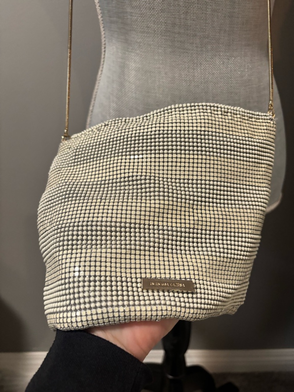 BCBGMaxAzria White Crystal Mesh Crossbody Bag with Gold Chain